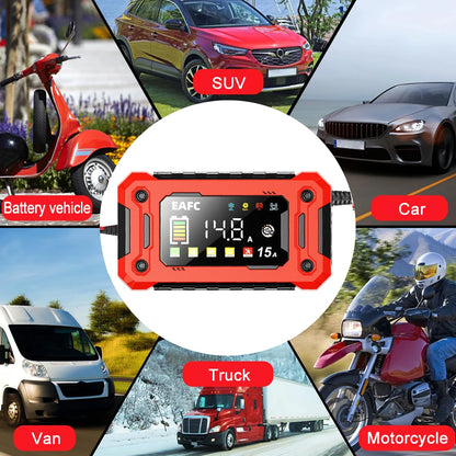 Le plus récent chargeur de batterie de voiture 12V 15A/8A réparation d'impulsions grand écran chargeur intelligent pour voiture moto plomb acide AGM GEL Batteries