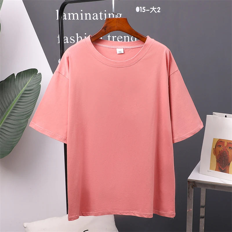 T-Shirt d'été en coton pour femmes, surdimensionné, solide, couleur bonbon, hauts amples