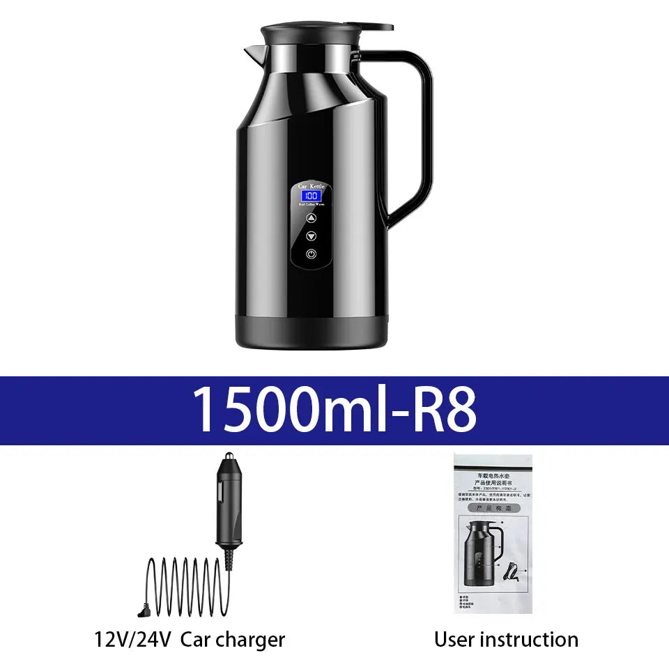 Bouilloire électrique 12v 24v montée sur voiture, pour camions, grande capacité de 1500ML, isolée, eau bouillante, café, nouilles instantanées