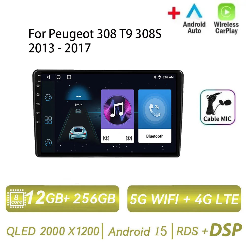 Android 15 pour Peugeot 308 T9 308S 2013 - 2017 Auto stéréo autoradio lecteur multimédia Navigation GPS 4G WIFI sans fil Carplay