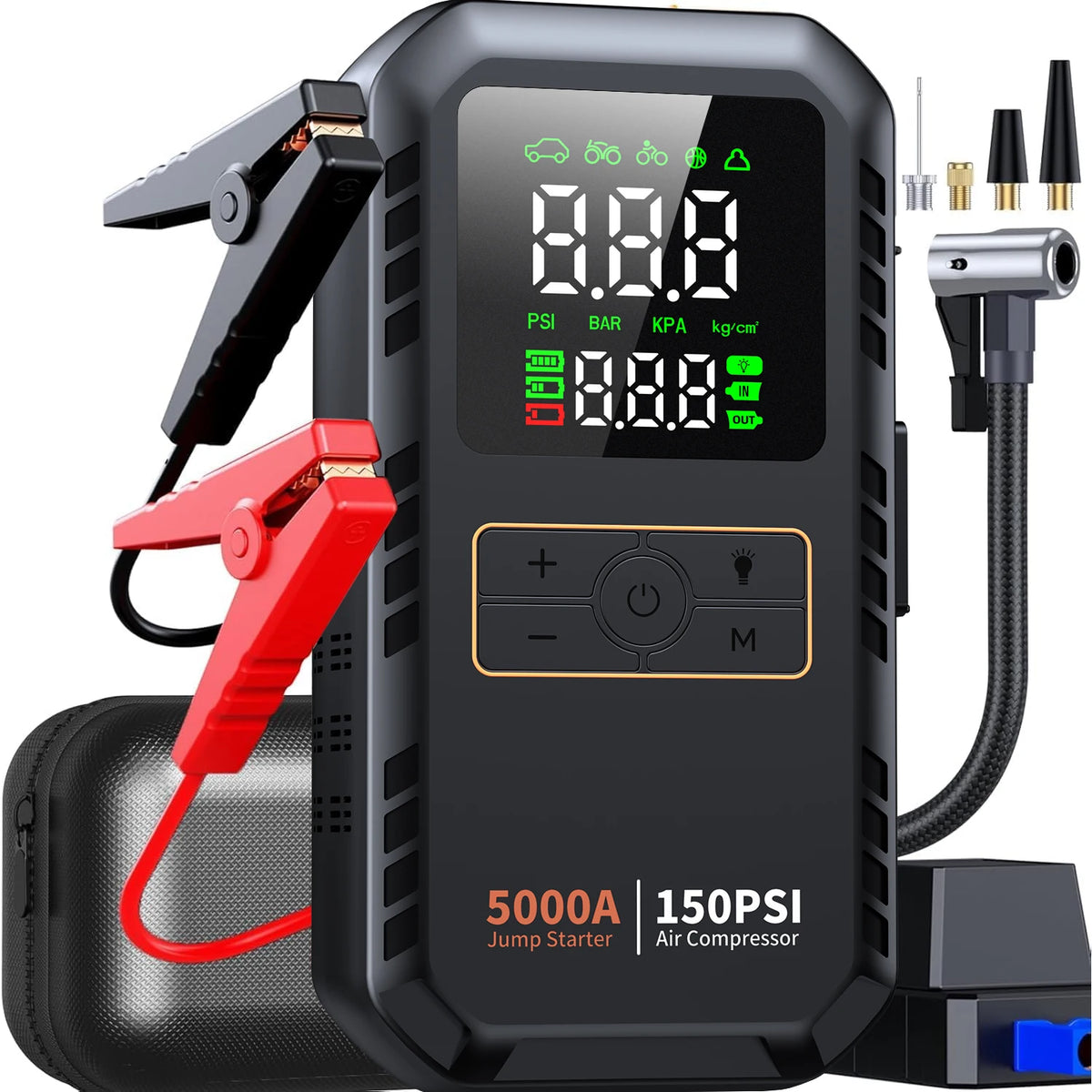 Démarreur de saut de voiture 4 en 1 avec compresseur d'air, Peak 5000A, Booster de batterie automatique, pompe à Air 150PSI, batterie externe Portable, gonfleur de pneus