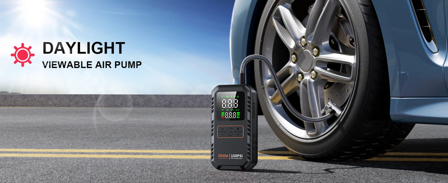 Démarreur de saut de voiture 4 en 1 avec compresseur d'air, Peak 5000A, Booster de batterie automatique, pompe à Air 150PSI, batterie externe Portable, gonfleur de pneus