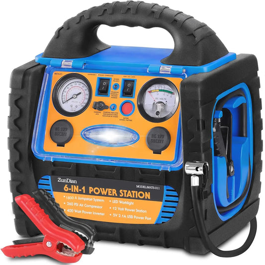 Démarreur de saut portable 6 en 1 avec compresseur d'air, puissance 1800 A pour voitures et camions, onduleur 400 W