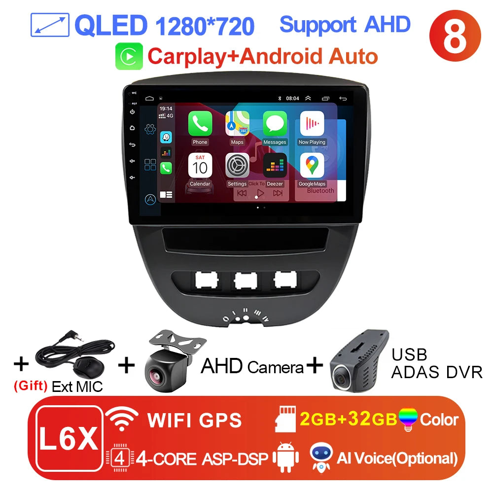 LEHX-Autoradio L6 Pro, Android 14, 2 Din, Stéréo, CarPlay, Limitation de Courant, GPS, pour Voiture KIT 107, Toyota Aygo, Cristaux en C1 (2005-2014)