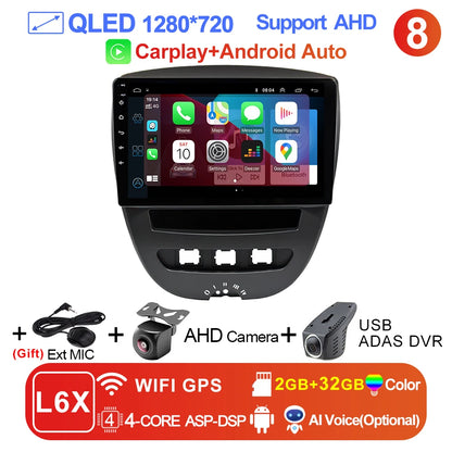 LEHX-Autoradio L6 Pro, Android 14, 2 Din, Stéréo, CarPlay, Limitation de Courant, GPS, pour Voiture KIT 107, Toyota Aygo, Cristaux en C1 (2005-2014)