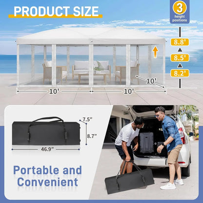 Tonnelle escamotable 10x20 avec parois latérales, sac de transport, tente facile à monter avec moustiquaires, gazebo zippé pour le camping, tonnelle zippée