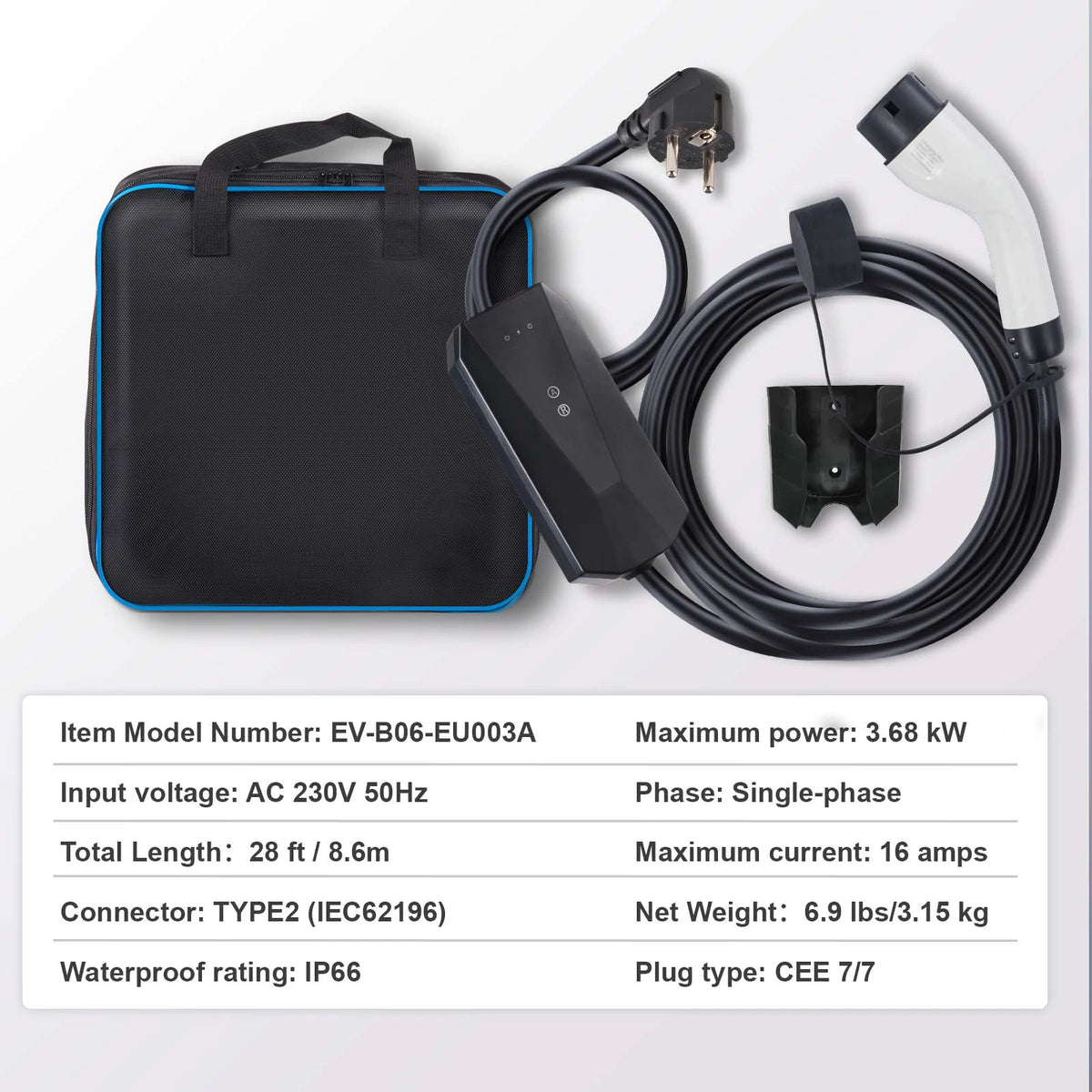 SucceBuy Chargeur EV portable Type 2 16A 3,68 kW + câble de chargement de 25 pieds, écran LCD à prise CEE 7/7 pour le chargement de voiture de véhicule électrique