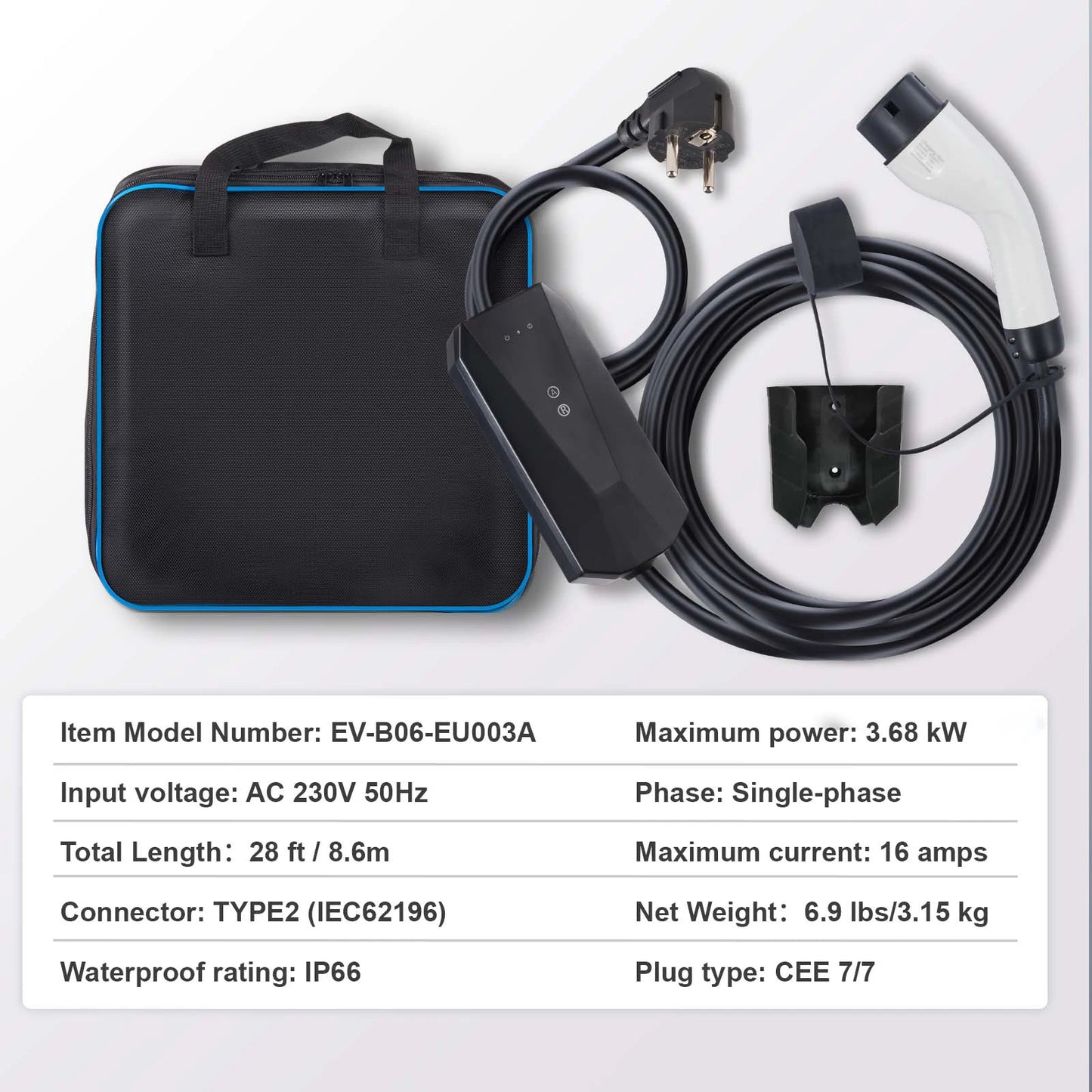 SucceBuy Chargeur EV portable Type 2 16A 3,68 kW + câble de chargement de 25 pieds, écran LCD à prise CEE 7/7 pour le chargement de voiture de véhicule électrique