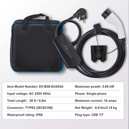 SucceBuy Chargeur EV portable Type 2 16A 3,68 kW + câble de chargement de 25 pieds, écran LCD à prise CEE 7/7 pour le chargement de voiture de véhicule électrique