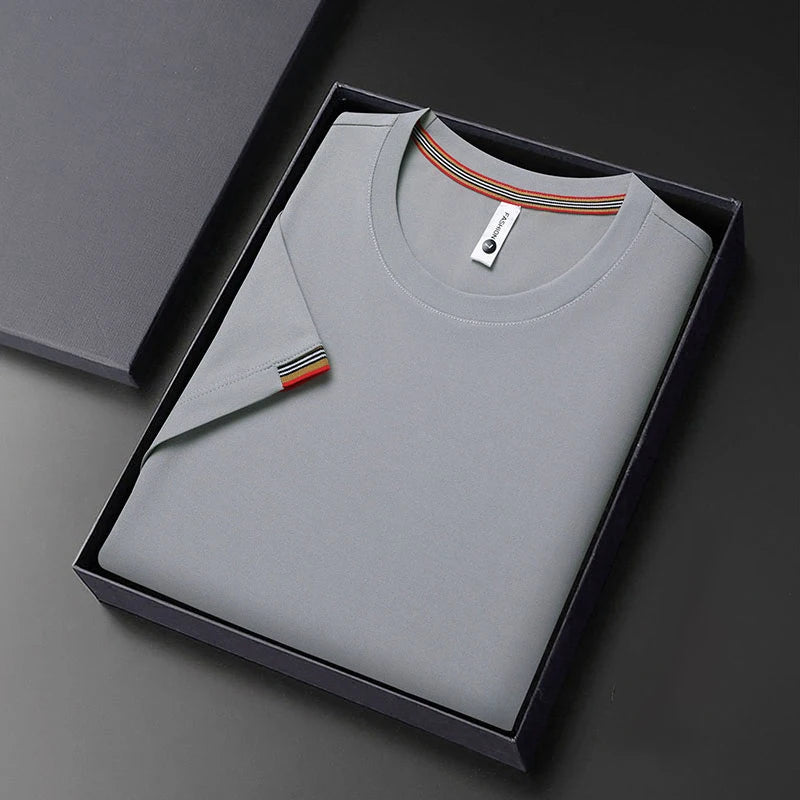 T-shirt à Manches Courtes pour Homme, Col Rond, Solide, avec Poignets Brodés, à la Mode, Confortable, Respirant et artificiel astique