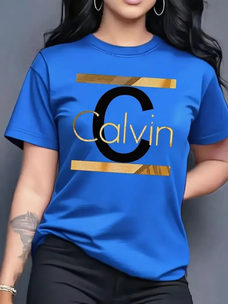 Offre spéciale femmes mode d'été décontracté Calvin lettre motif imprimé col rond manches courtes vêtements de sport T-shirt y2k vêtements