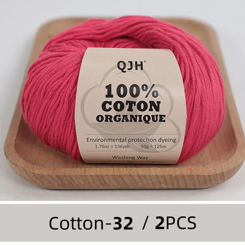 QJH Fil 100% coton biologique, fil pour tricoter, crochet et artisanat, paquet de 2 - 1,76 oz/136 mètres/1 pièce, léger, Dk