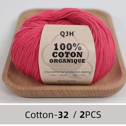 QJH Fil 100% coton biologique, fil pour tricoter, crochet et artisanat, paquet de 2 - 1,76 oz/136 mètres/1 pièce, léger, Dk