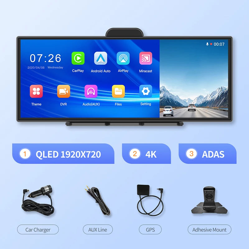Imagebon amélioré 11,4′′ H70 Pro 4K ADAS Écran intégré pour voiture DVR sans fil CarPlay et Android Auto Vision nocturne GPS Caméra de tableau de bord