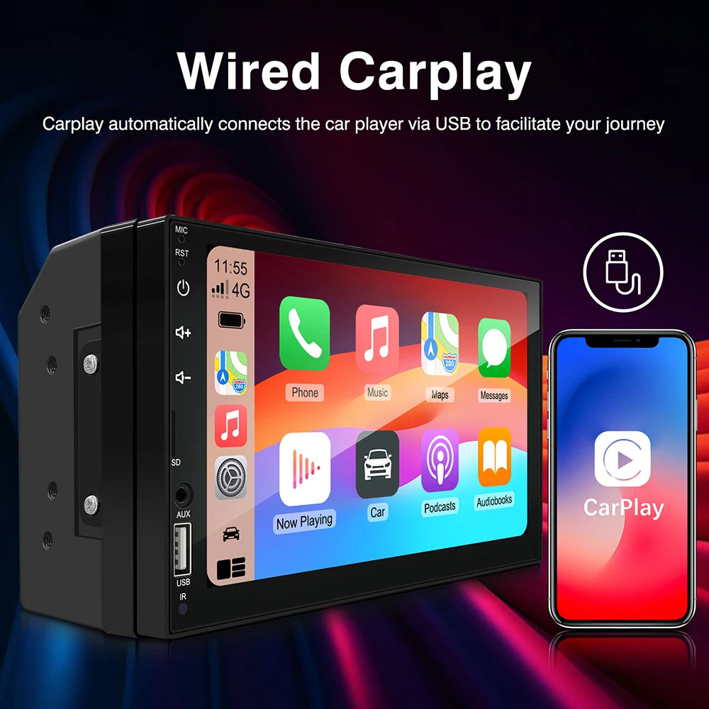 2DIN 7 pouces voiture multimédia MP5 lecteur vidéo filaire CarPlay Android Auto Mirrorlink écran tactile FM AUX Bluetooth USB charge rapide