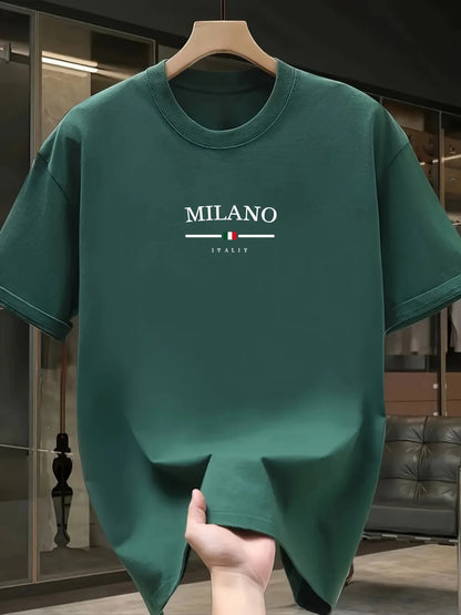 T-shirt à manches courtes et col rond pour hommes, 100% pur coton, à la mode, décontracté, ample, style italien, lettre Milan imprimée