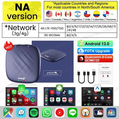 صندوق تلفزيون CarlinKit-Android 13 اللاسلكي للسيارة بنظام CarPlay AI، بمعالج QCM6125، ثماني النواة، شاشة مقسمة، 64 جيجابايت، 128 جيجابايت لـ Netflix، مع وعد بتشغيل PRPRU