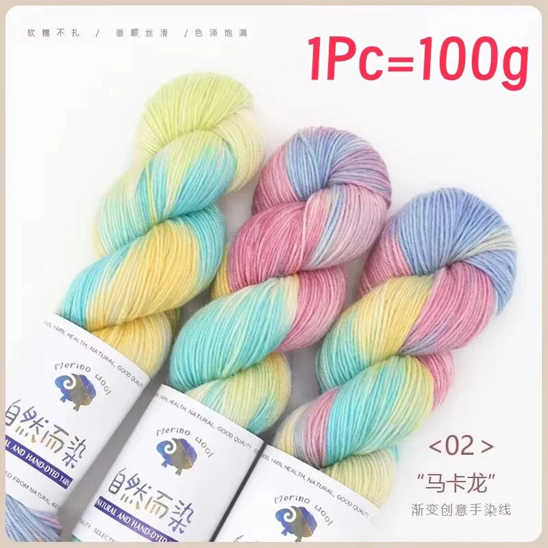 Rouleau de fil de laine mérinos, 100g/rouleau, teint à la main, doux, pour pull, écharpe, chapeau, tissé, fil arc-en-ciel pour bébé, 270M, 1 pièce