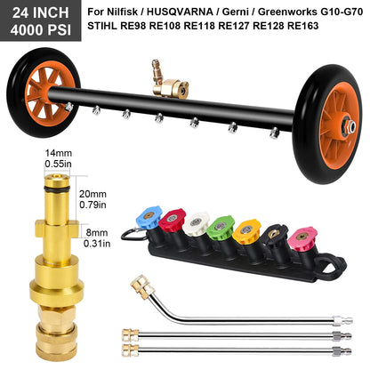 Nettoyeur de surface sous châssis de 24 pouces pour nettoyeur haute pression, balai à eau pour lavage de châssis de voiture, connecteur rapide 1/4 pouce, compatible Karcher Sun Joe