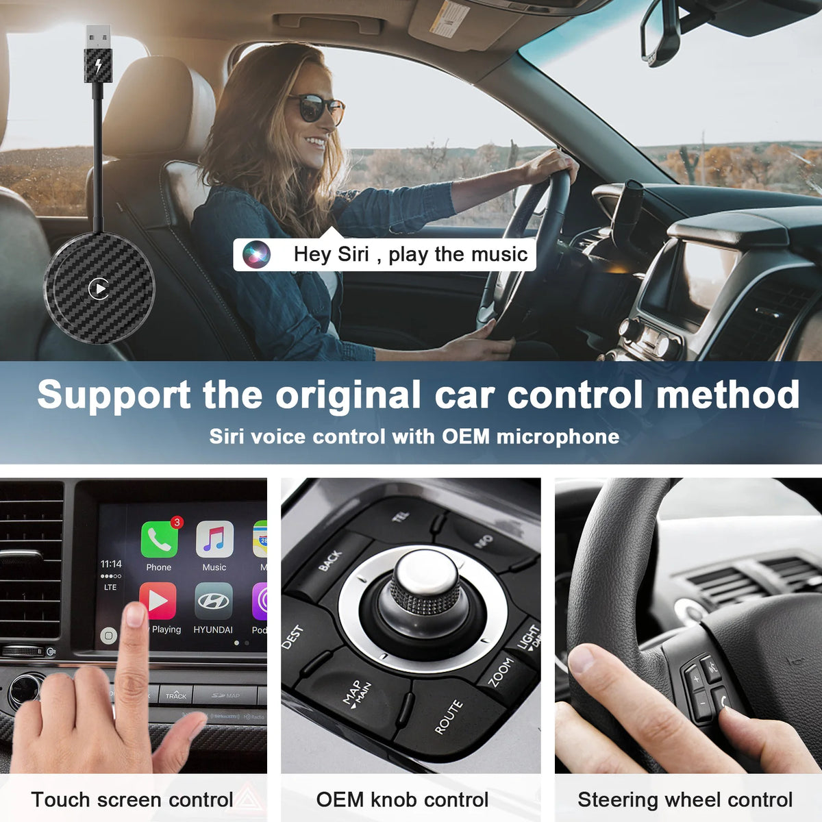 محول/دونجل CarPlay لاسلكي للسيارات من عام 2015 فما فوق وهواتف iPhone iOS 10+، كابل المصنع