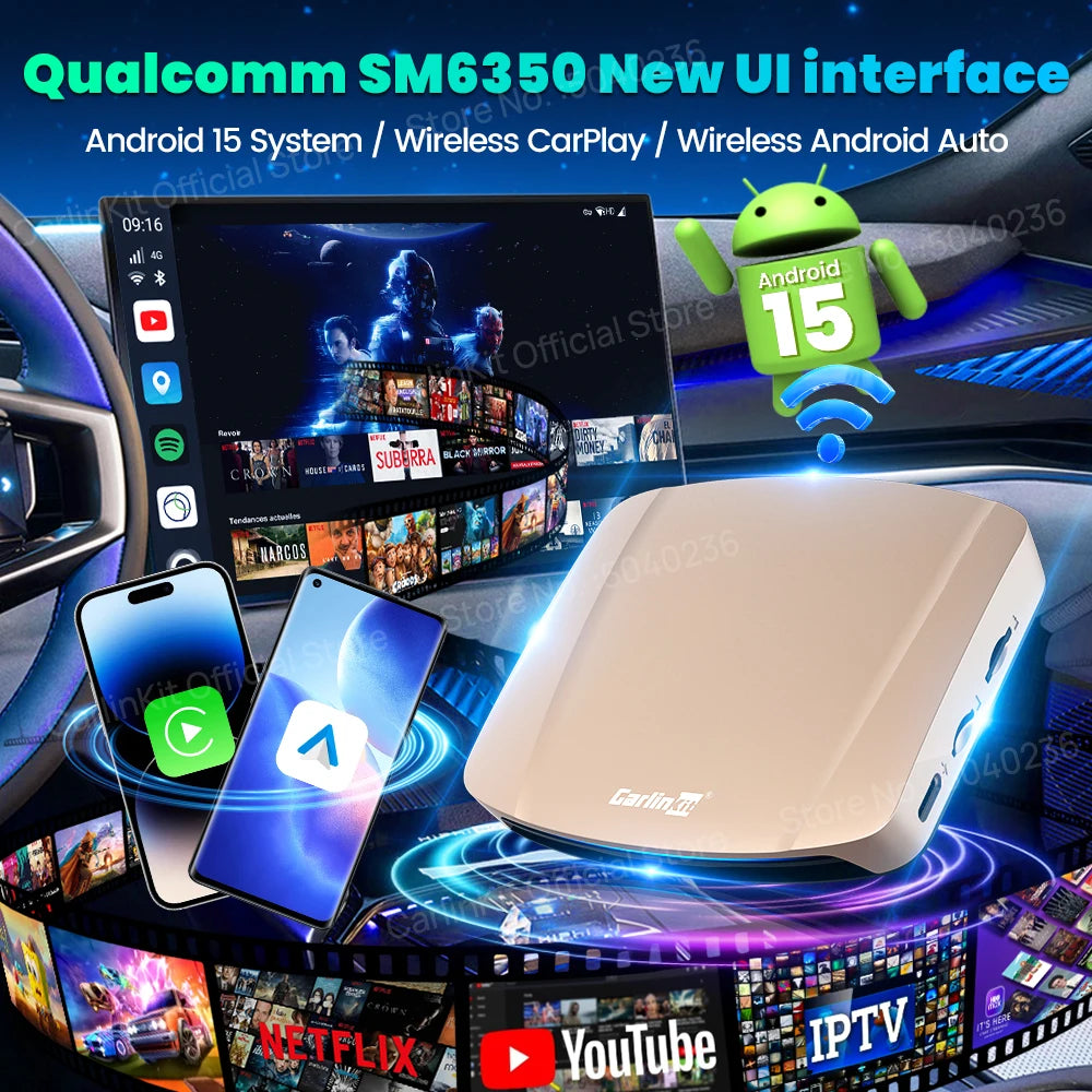 CarlinKit 8G + 256G /128GAndroid 15 Ultra CarPlay TV Box Support Netflix IPTV GPS sans fil CarPlay et Android Auto Smart Car Video Box