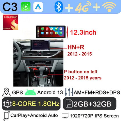 Android 13 sans fil Carplay 12.3 pouces pour Audi A6 C7 A7 2012-2018 autoradio multimédia Android Auto GPS 4G LTE DSP stéréo WiFi