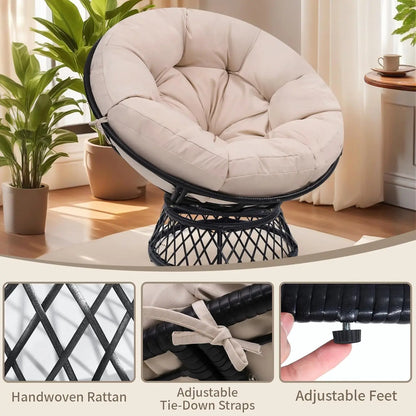 Fauteuil Papasan surdimensionné de 46 pouces avec rotation à 360° °   Fauteuil pivotant, cadre en rotin imperméable et coussin épais pour adultes