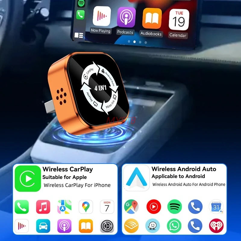 Adaptateur Carplay sans fil 4 en 1, mise à niveau 2026, lien miroir Airplay, WiFi + BT, système de voiture intelligent, écran de Projection, CarPlay Android Auto