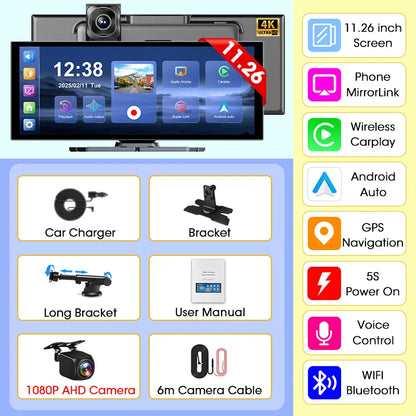 Develuck nouveau 11.26 pouces 4K DVR sans fil CarPlay et Android Auto Portable Dash Cam écran de voiture enregistreur vidéo 5G WIFI Navigation