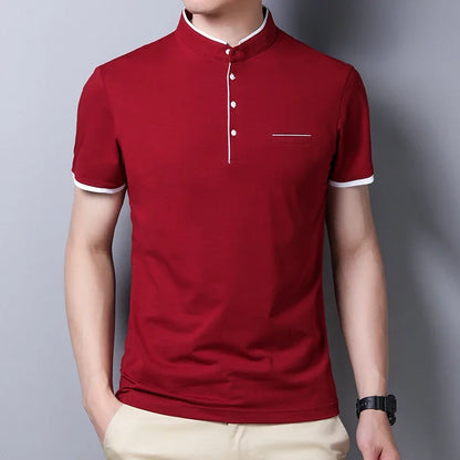 2025 nouveaux hommes décontracté et à la mode couleur unie à manches courtes col montant T-shirt été polyvalent et confortable haut
