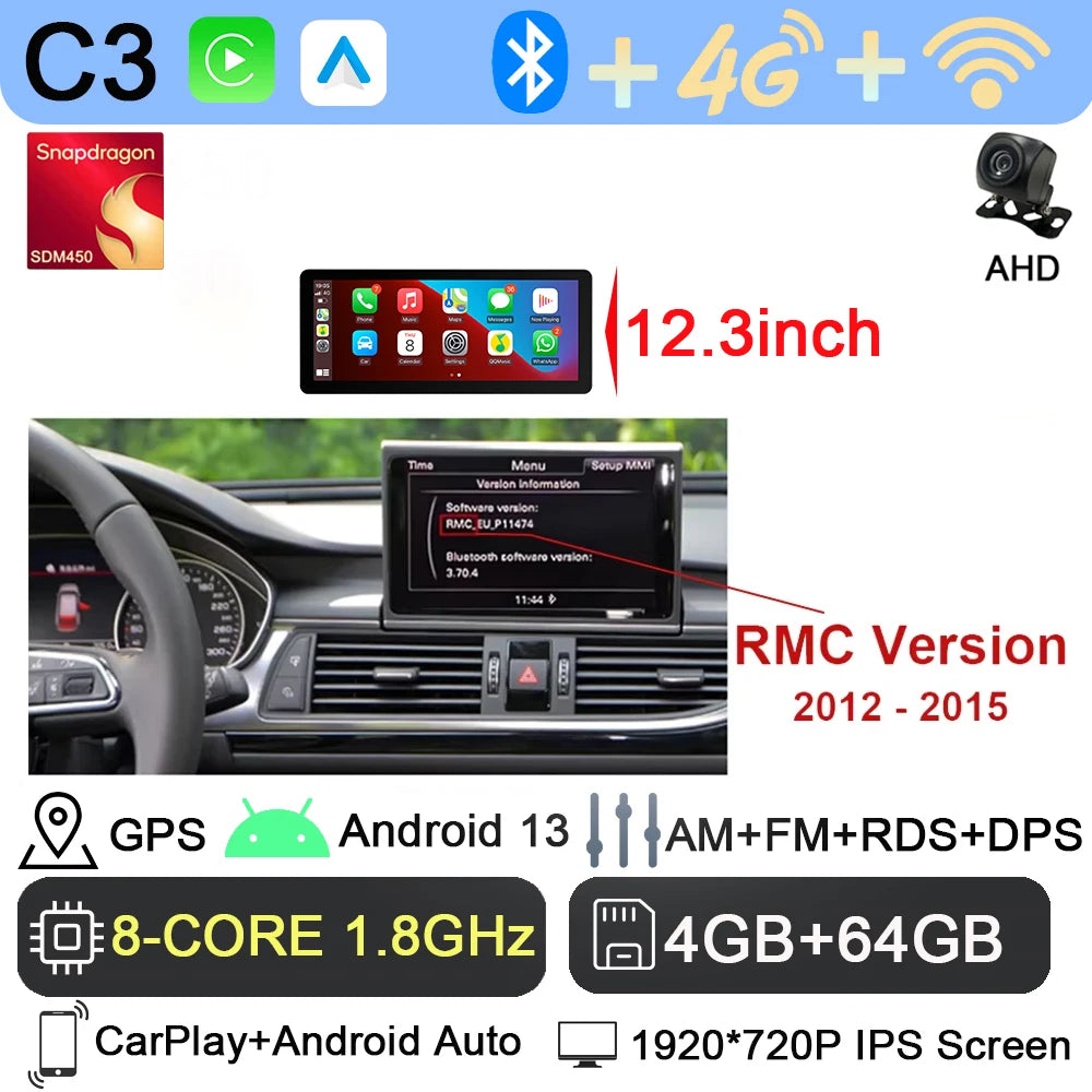 Android 13 sans fil Carplay 12.3 pouces pour Audi A6 C7 A7 2012-2018 autoradio multimédia Android Auto GPS 4G LTE DSP stéréo WiFi