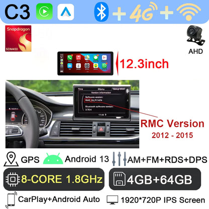 Android 13 sans fil Carplay 12.3 pouces pour Audi A6 C7 A7 2012-2018 autoradio multimédia Android Auto GPS 4G LTE DSP stéréo WiFi