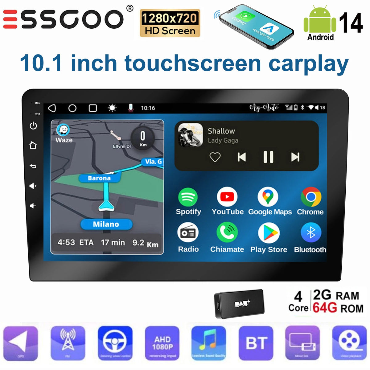 ESSGOO Écran Tactile 10.1 Pouces 2 DIN 2+64GB/4+64GB Autoradio Android 14 Carplay Sans Fil Android Auto GPS Navigation WiFi FM RDS Entrée Caméra Arrière Contrôle du Volant Mirror Link Bluetooth Écran Divisé USB