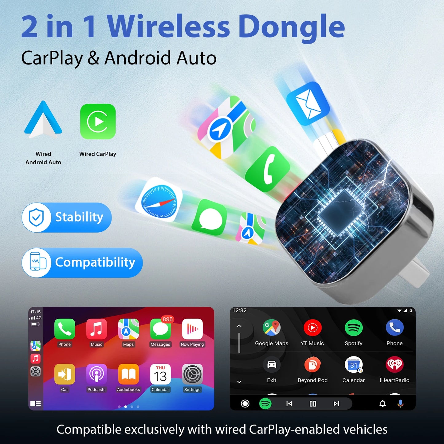 Adaptateur CarPlay sans fil 2 en 1 et adaptateur sans fil Android Auto, WiFi 5Ghz type-c/USB Plug Play CarPlay sans fil, 2026