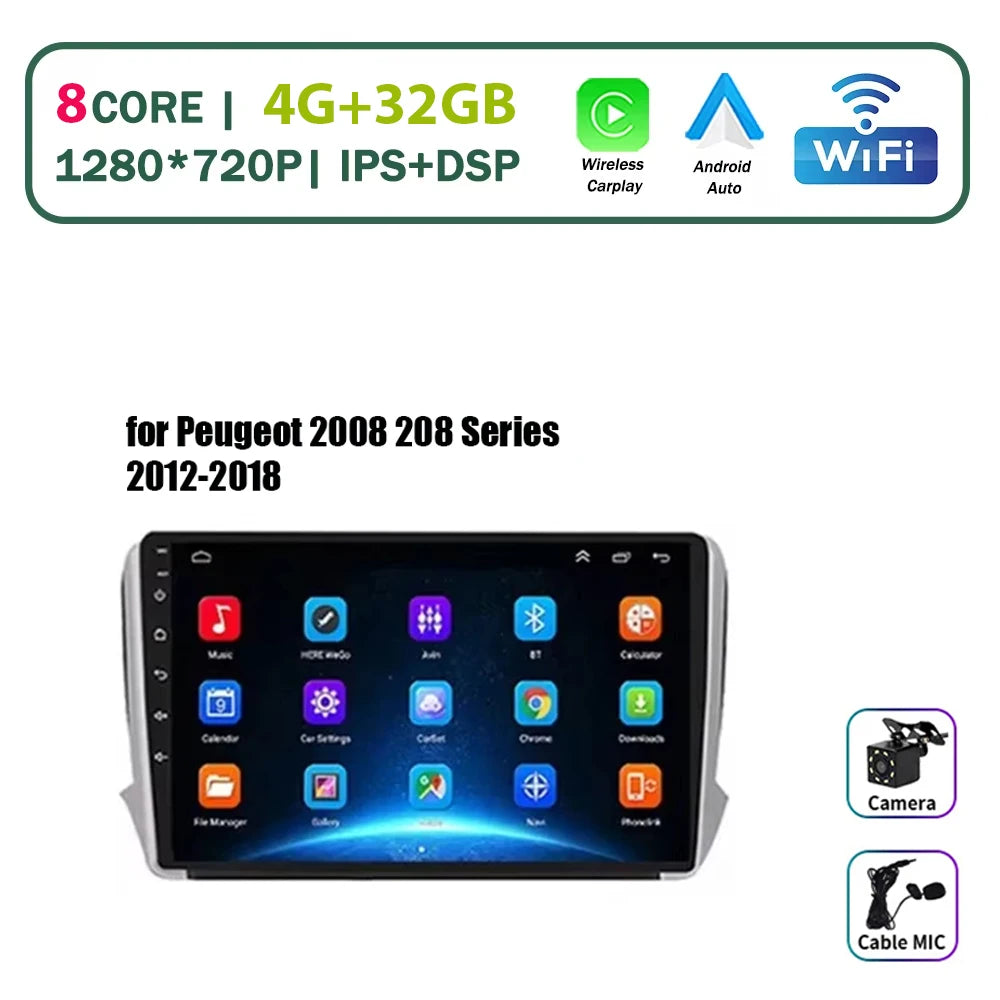Autoradio multimédia Android 16 pour Peugeot 2008 208 Série 2012-2018 Lecteur Navigation GPS CarPlay sans fil Radio DVD Unité principale