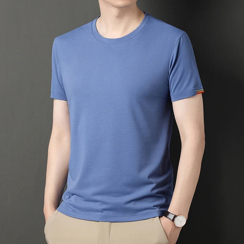 T-shirt à Manches Courtes pour Homme, Col Rond, Solide, avec Poignets Brodés, à la Mode, Confortable, Respirant et artificiel astique