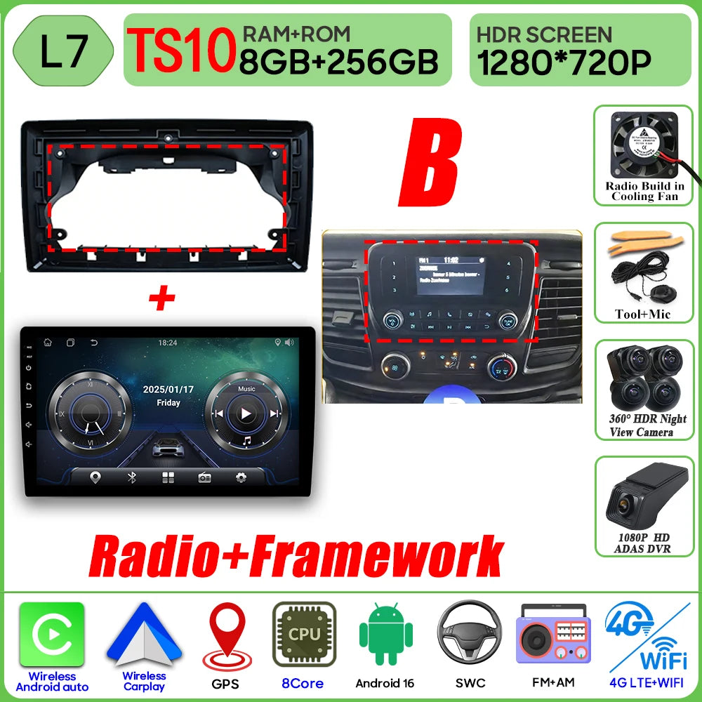 Autoradio Android 16 pour Ford Transit personnalisé Transit V363 350 lecteur multimédia Carplay Navigation GPS 4G Wifi vidéo stéréo 2din