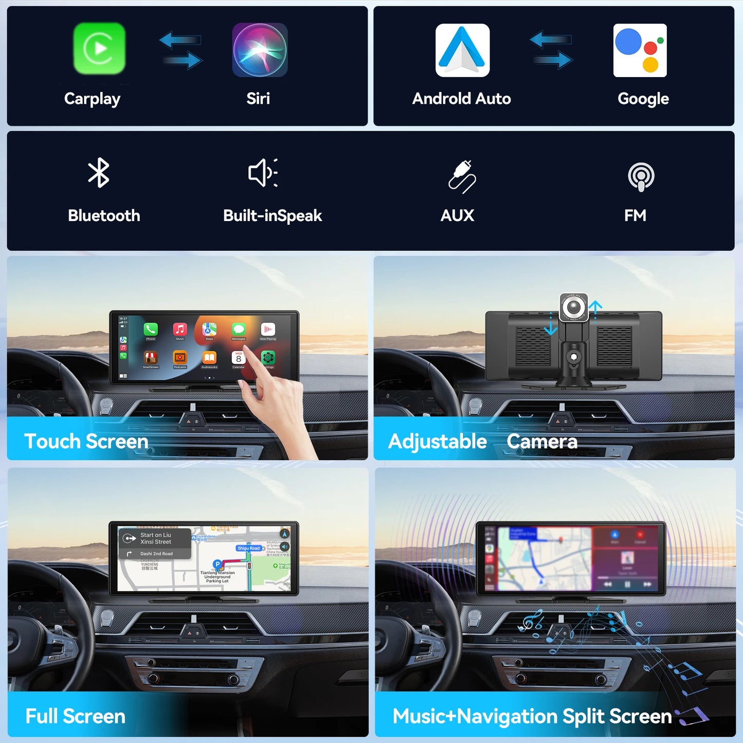 Carplay portable universel pour écran de voiture, écran Carplay sans fil stéréo de voiture sans fil avec Carplay Android Auto, écran tactile de voiture