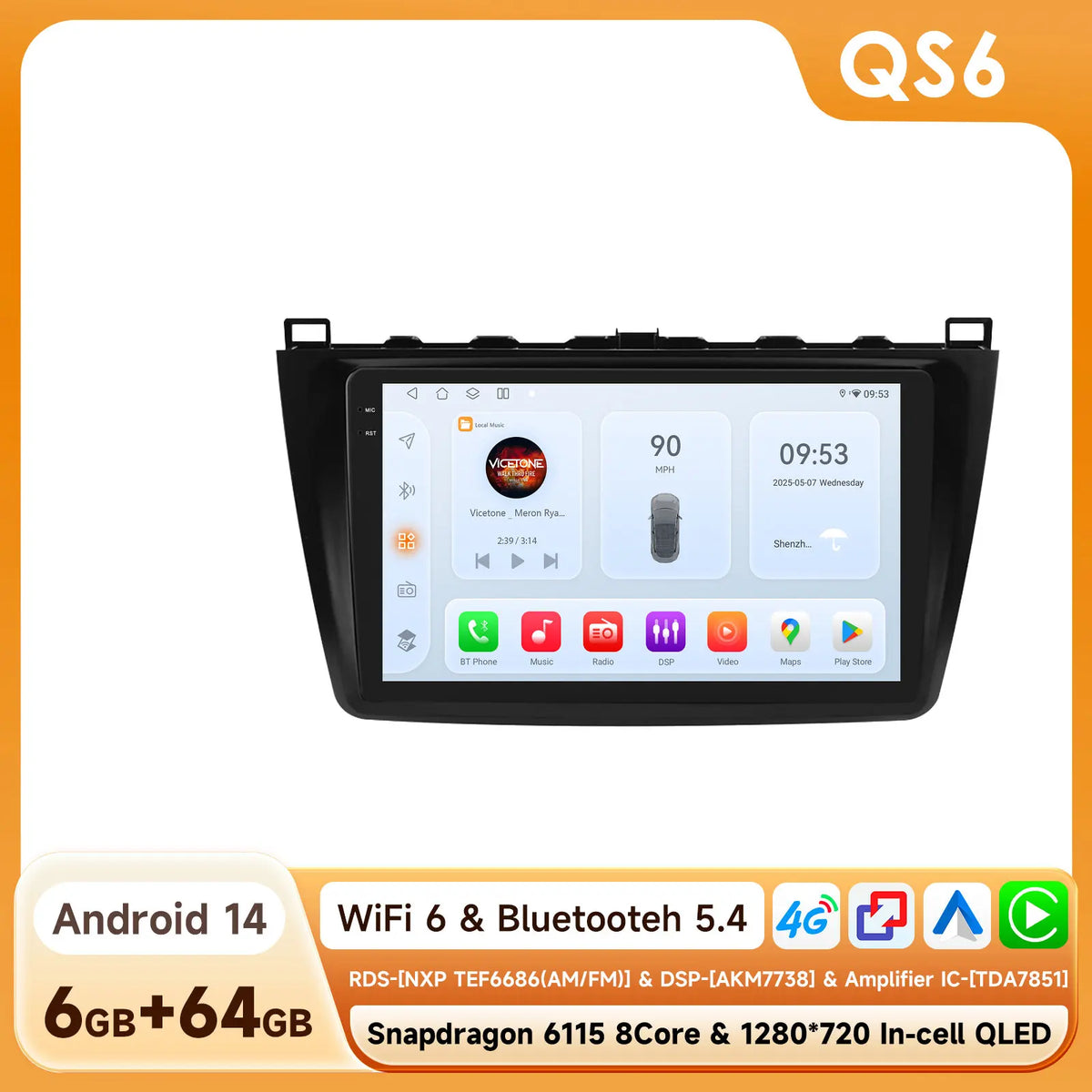 Hizpo Android 14 pour Mazda 6 2007 - 2012 lecteur multimédia de voiture Navigation GPS Radio Carplay Navi 360 caméra 4G No 2 Din 2din DVD