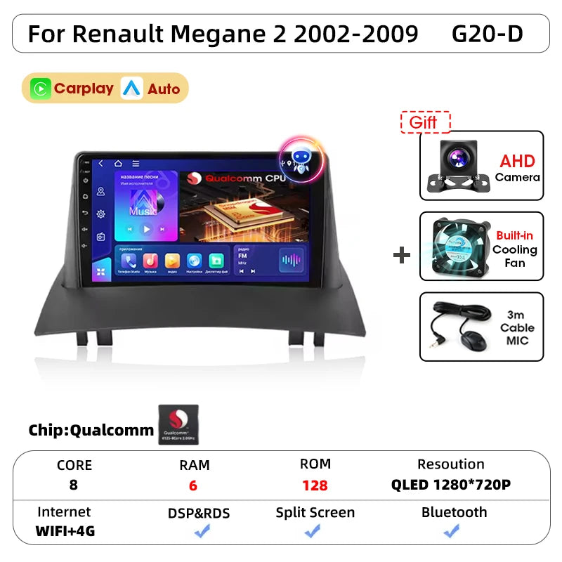 Android Carplay Auto pour Renault Megane 2 2002 2003 2004 2005 2006 2007 2008 2009 lecteur d'autoradio multimédia WIFI + 4G stéréo