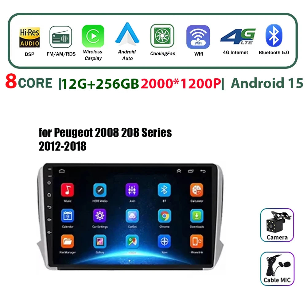 Autoradio multimédia Android 16 pour Peugeot 2008 208 Série 2012-2018 Lecteur Navigation GPS CarPlay sans fil Radio DVD Unité principale