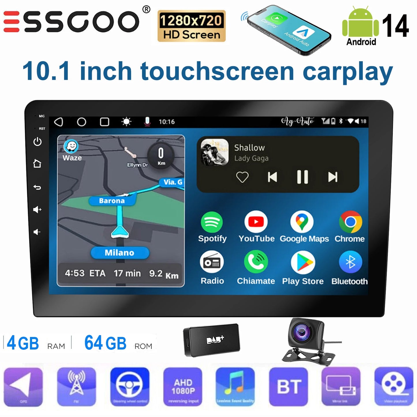 ESSGOO Écran Tactile 10.1 Pouces 2 DIN 2+64GB/4+64GB Autoradio Android 14 Carplay Sans Fil Android Auto GPS Navigation WiFi FM RDS Entrée Caméra Arrière Contrôle du Volant Mirror Link Bluetooth Écran Divisé USB