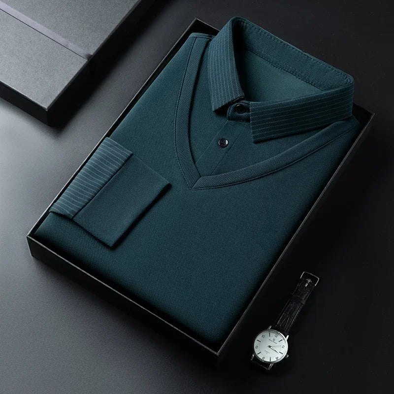 Polo à manches longues pour hommes, décontracté et à la mode, couleur unie, faux deux pièces, Business, toutes saisons, haut polyvalent, nouvelle collection 2025