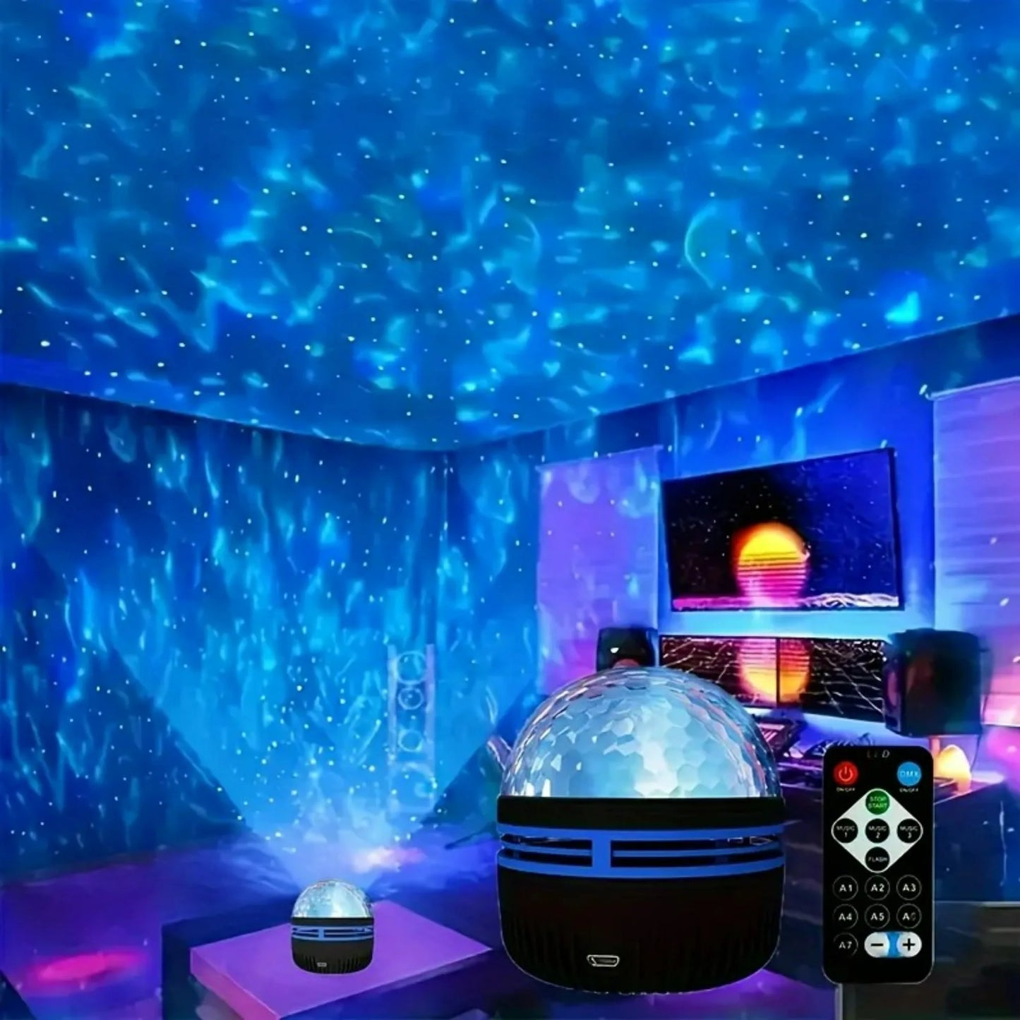 Projecteur LED Ciel Étoilé RGB Galaxie Lampe d'Ambiance Projection Noël Halloween Télécommande 7 Couleurs Rotation Automatique Maison