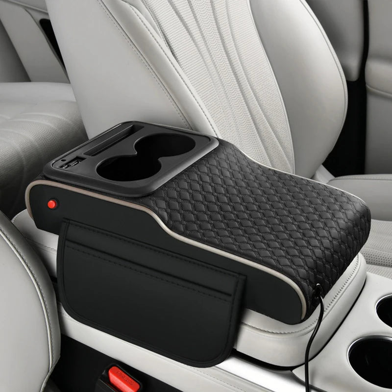 Boîte de rangement multifonctionnelle 10-en-1 pour accoudoir de voiture, avec coussin rehausseur sportif supérieur, port de charge USB et lampe d'ambiance étoilée