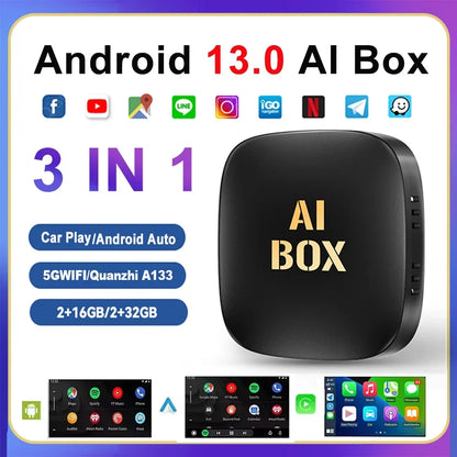 صندوق CarPlay AI بنظام Android 13 لاسلكي، فيديو سيارة تلقائي، تلفزيون، واي فاي، 2 جيجا بايت، 32 جيجا بايت لـ Netflix، يوتيوب بلاي PRTV، جديد