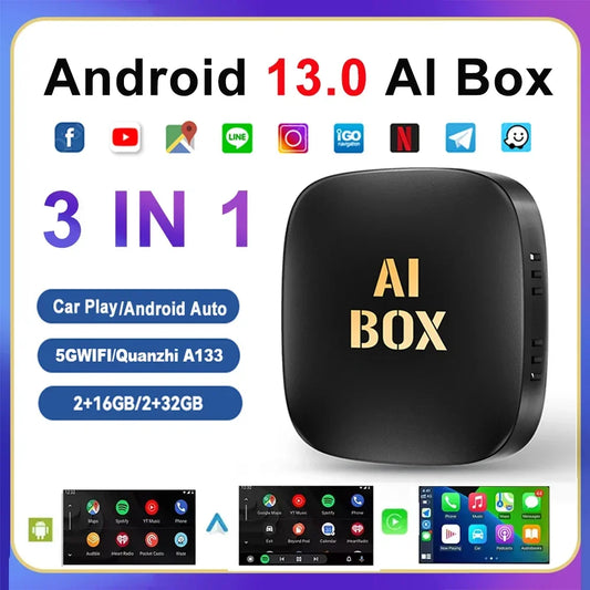 صندوق CarPlay AI بنظام Android 13 لاسلكي، فيديو سيارة تلقائي، تلفزيون، واي فاي، 2 جيجا بايت، 32 جيجا بايت لـ Netflix، يوتيوب بلاي PRTV، جديد