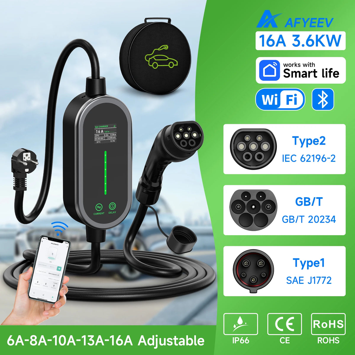 شاحن سيارات كهربائية محمول AFYEEV 3600 واط نوع 2 IEC62196-2 شاحن سيارات كهربائية نوع 1 SAE J1772 كابل شحن GBT EVSE صندوق حائط بقابس الاتحاد الأوروبي