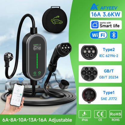 شاحن سيارات كهربائية محمول AFYEEV 3600 واط نوع 2 IEC62196-2 شاحن سيارات كهربائية نوع 1 SAE J1772 كابل شحن GBT EVSE صندوق حائط بقابس الاتحاد الأوروبي