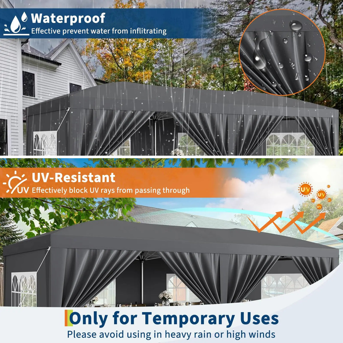Tente de réception commerciale pliable 10x20, robuste, pour événements extérieurs, avec 6 parois latérales, imperméable, gazebo de fête et sac de transport